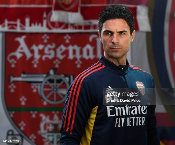 Arsenal Manager Mikel Arteta during the Arsenal Media Day at the Arsenal Training Ground at London Colney on August 01, 2022 in St Albans, England.