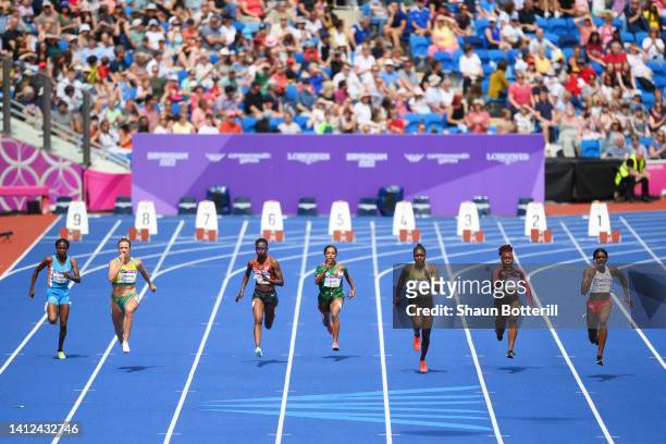 Athletes compete during the Women's 100m Round 1 heats on day five of the Birmingham 2022 Commonwealth Games at Alexander Stadium on August 02, 2022...