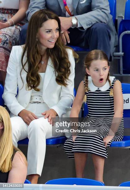 Catherine, Duchess of Cambridge and Princess Charlotte of Cambridge attend the Sandwell Aquatics Centre during the 2022 Commonwealth Games on August...