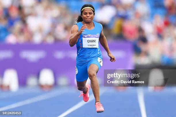Dutee Chand of Team India competes during the Women's 100m Round 1 heats on day five of the Birmingham 2022 Commonwealth Games at Alexander Stadium...