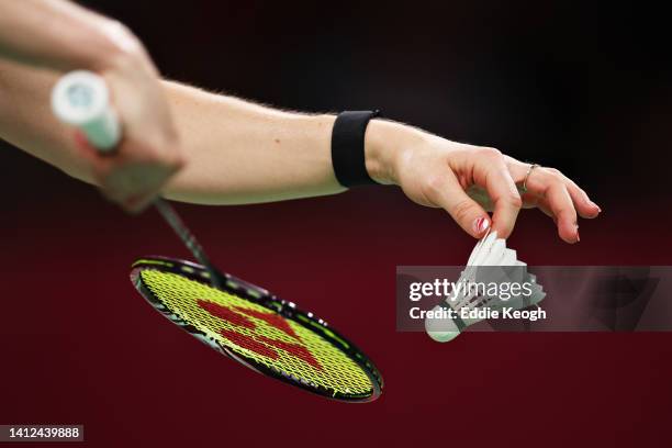 Detail shot as Lauren Smith of Team England serves during their Mixed Team Event Bronze Medal Mixed Doubles match between Team England and Team...