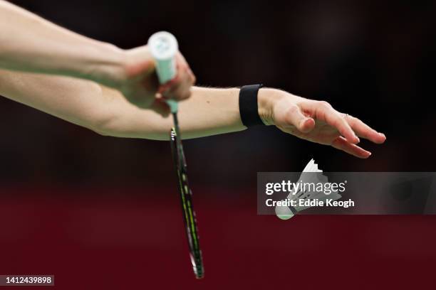 Detail shot as Lauren Smith of Team England serves during their Mixed Team Event Bronze Medal Mixed Doubles match between Team England and Team...