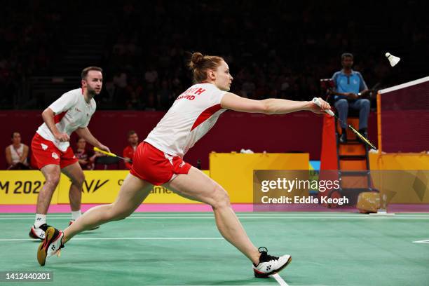 Ben Lane and Lauren Smith of Team England compete during their Mixed Team Event Bronze Medal Mixed Doubles match between Team England and Team...