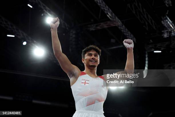 Jake Jarman of Team England celebrates after their routine during Men's Vault Final on day five of the Birmingham 2022 Commonwealth Games at Arena...