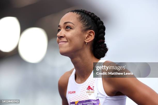 Katarina Johnson-Thompson of Team England reacts after competing in the Women's Heptathlon High Jump on day five of the Birmingham 2022 Commonwealth...