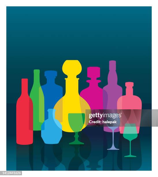 ilustraciones, imágenes clip art, dibujos animados e iconos de stock de coloridas siluetas de botellas transparentes - bar bottles background
