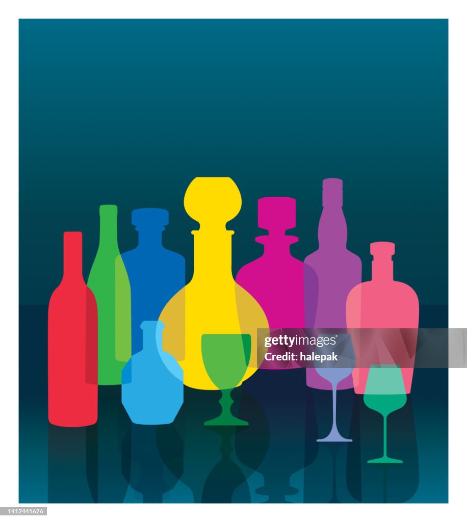 Colorful transparent bottle silhouettes