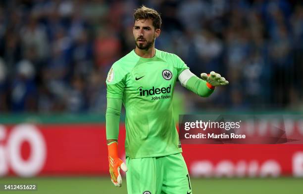 Kevin Trapp, goalkeeper of Eintrach Frankfurt reacts during the DFB Cup first round match between 1. FC Magdeburg and Eintracht Frankfurt at MDCC...