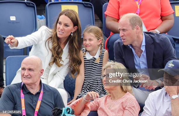 Catherine, Duchess of Cambridge, Princess Charlotte of Cambridge and Prince William, Duke of Cambridge watching a Hockey match between England and...