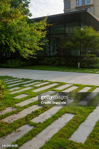 pavement paved with grass bricks - cobblestone-driveway stock pictures, royalty-free photos & images