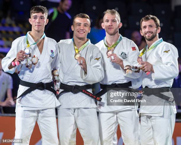 Under 66kg medallists L-R: Silver; Finlay Allan 20, Gold; Georgios Balarjishvili Bronzes; Nathan Katz 27 and Nathon Burns 33, of the judo u66kg men's...