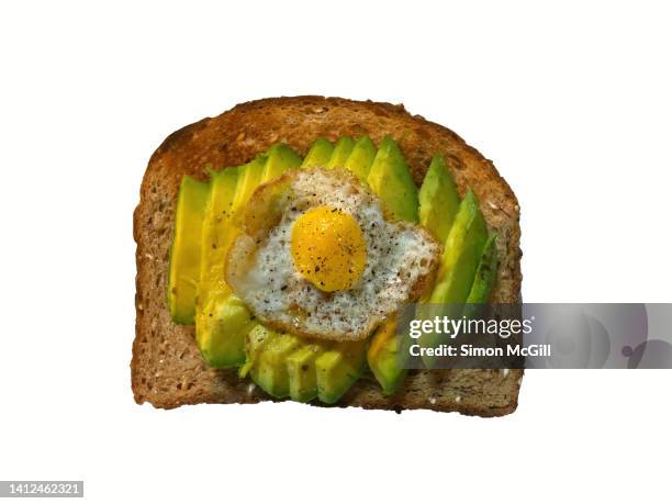 slice avocado and fried cornish hen egg on toasted wholewheat bread - isolated on white background - avocado isolated stock pictures, royalty-free photos & images