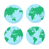 Set of coloured Earth globes with continents isolated on white background. Vector illustration.