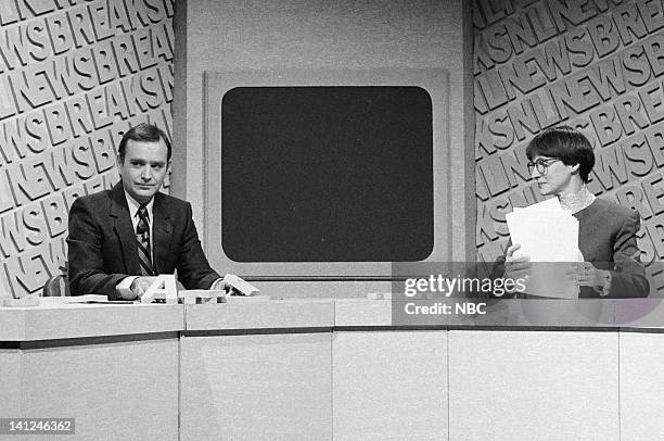 Episode 2 -- Pictured: Brian Doyle-Murray and Mary Gross during the 'SNL Newsbreak' skit on October 10, 1981 --