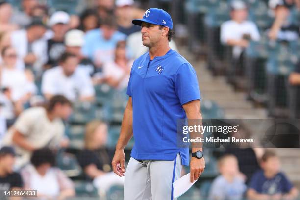 Mike Matheny of the Kansas City Royals looks on prior to the game against the Chicago White Sox at Guaranteed Rate Field on August 01, 2022 in...