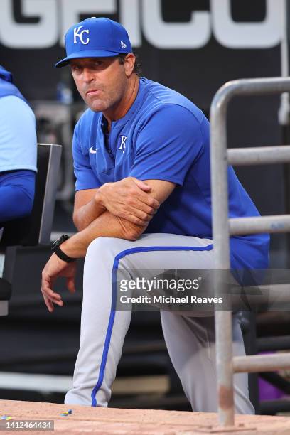Mike Matheny of the Kansas City Royals looks on prior to the game against the Chicago White Sox at Guaranteed Rate Field on August 01, 2022 in...