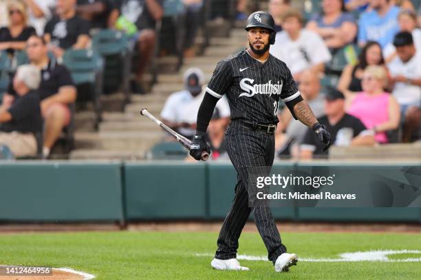 Leury Garcia of the Chicago White Sox reacts after striking out against the Kansas City Royals at Guaranteed Rate Field on August 01, 2022 in...