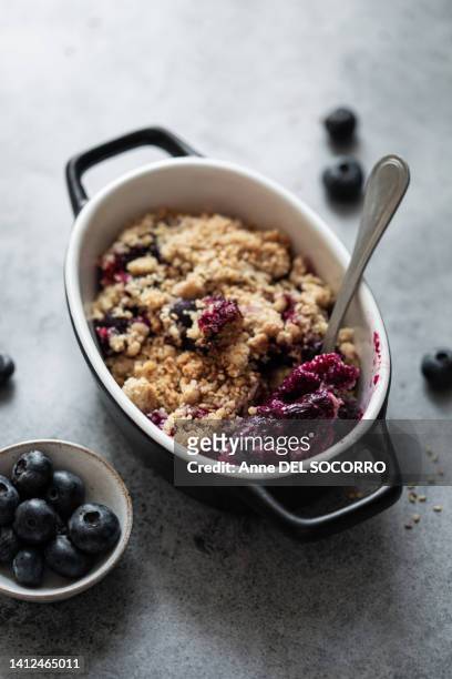 blueberry homemade crumble - cobbler stock pictures, royalty-free photos & images