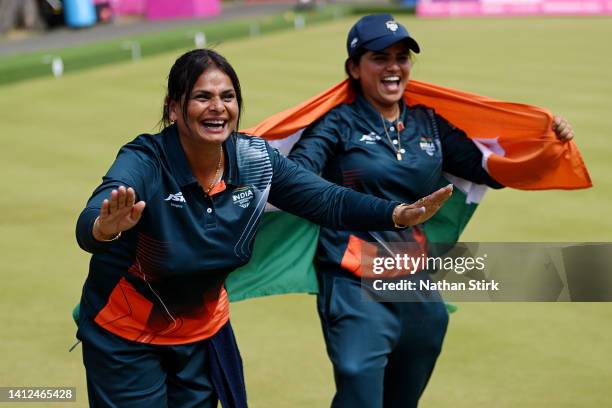 Lovely Choubey and Pinki of Team India celebrate winning gold in Women's Fours - Gold Medal Match between South Africa and India on day five of the...