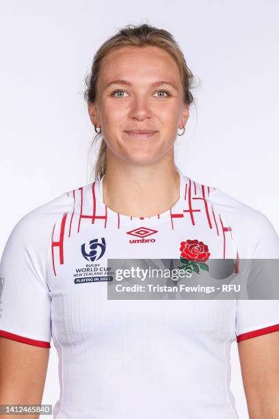 Zoe Aldcroft poses for a portrait during England Red Roses RWC Squad Photocall at Village Hotel Bracknell on August 01, 2022 in Bracknell, England.