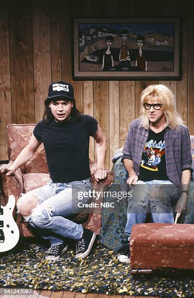 Episode 1 -- Pictured: Mike Myers as Wayne Campbell, Dana Carvey as Garth Algar during the 'Wayne's World' skit on September 28, 1991 -- Photo by:...