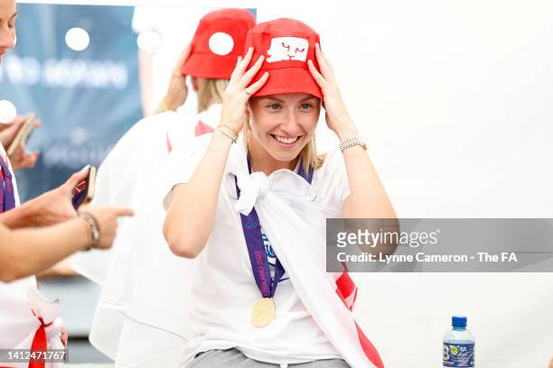 Leah Williamson of England looks on back stage prior to the England Women's Team Celebration at Trafalgar Square on August 01, 2022 in London,...