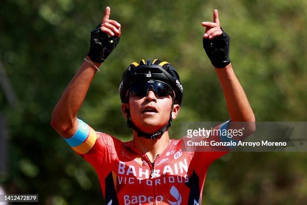 Santiago Buitrago Sanchez of Colombia and Team Bahrain Victorious celebrates winning during the 44th Vuelta a Burgos 2022- Stage 1 a 157km stage from...