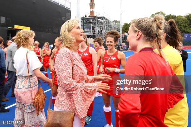 Sophie, Countess of Wessex, meets Team England during Women's Hockey - Pool A match between India and England on day five of the Birmingham 2022...