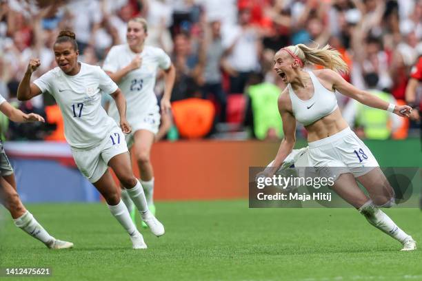 Chloe Kelly of England celebrates after scoring her team's second goal during the UEFA Women's Euro 2022 final match between England and Germany at...