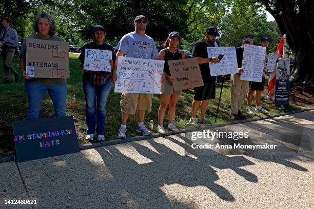 Veterans and supporters of the PACT act demonstrate outside the U.S. Capitol Building on August 02, 2022 in Washington, DC. Demonstrators from...