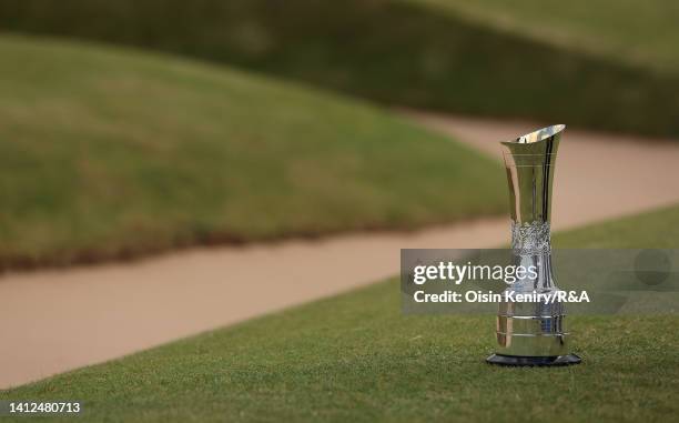 Detail view of the AIG Women's Open trophy during the Pro-Am prior to the AIG Women's Open at Muirfield on August 02, 2022 in Gullane, Scotland.