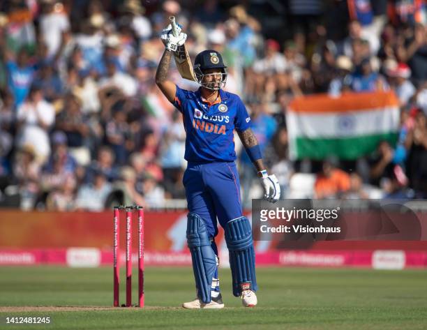 Suryakumar Yadav of India celebrates reaching his century during the International Twenty20 match between England and India at Trent Bridge on July...