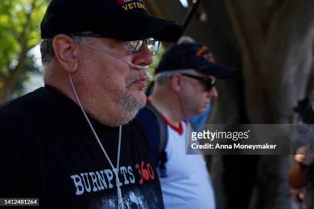 Tim Houser, a Desert Storm veteran, attends a demonstration for the PACT act outside the U.S. Capitol Building on August 02, 2022 in Washington, DC....