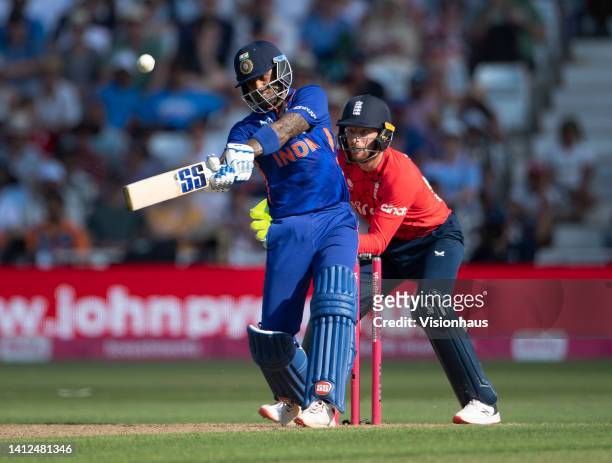 Suryakumar Yadav of India batting with Jos Buttler of England keeping wicket during the International Twenty20 match between England and India at...