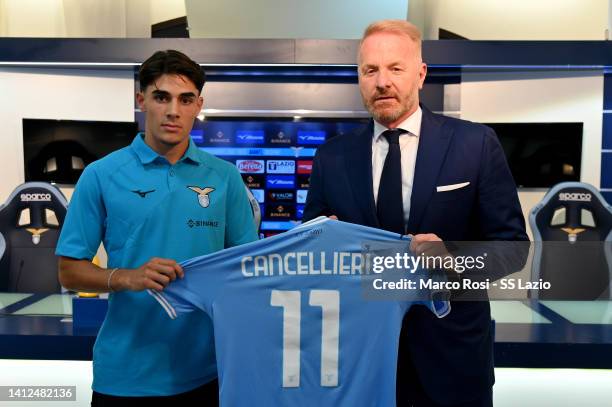 Lazio new palyer Matteo Cancellieri and SS Lazio manager Igli Tare during the press conference on August 02, 2022 in Rome, Italy.