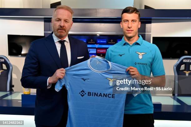 Lazio new palyer Nicolò Casale and SS Lazio manager Igli Tare during the press conference on August 02, 2022 in Rome, Italy.