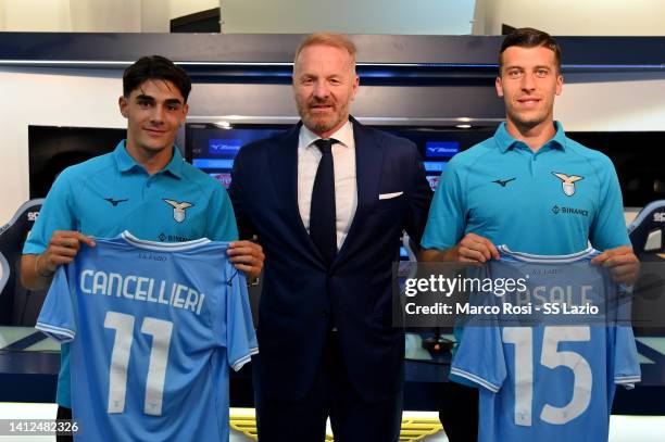 Lazio new palyer Matteo Cancellieri, Nicolò Casale and SS Lazio manager Igli Tare during the press conference on August 02, 2022 in Rome, Italy.