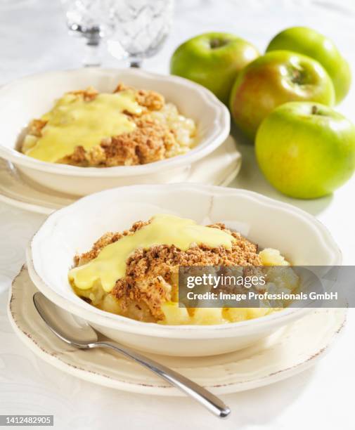 apple crumble with custard - apple crumble stock pictures, royalty-free photos & images