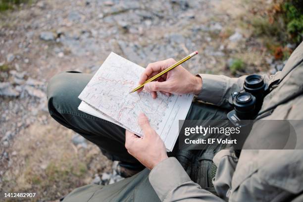 man hands checking topographic mountain map, examining route to explore nature - guarda florestal - fotografias e filmes do acervo