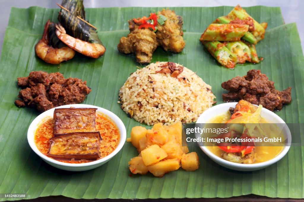 Various Nyonya dishes on banana leaves (Malaysia)