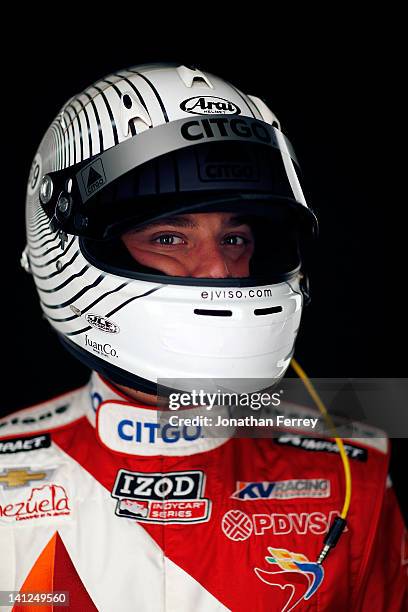 Viso of Venezuela, driver of the Citgo KV Racing Technologies Chevy Dallara DW12 poses for a portrait during theIZOD INDYCAR Series Media day at the...