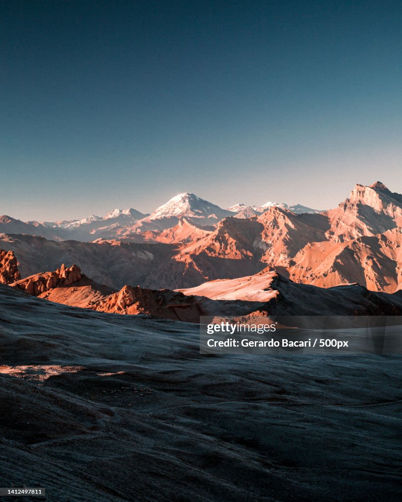 Scenic view of snowcapped mountains against clear sky,Cerro Penitentes,Mendoza,Argentina