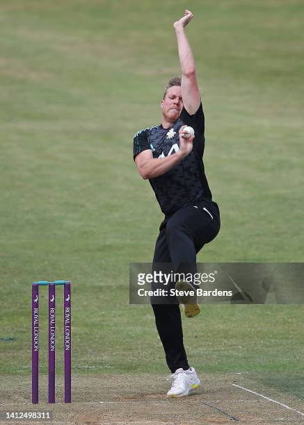 Matt Dunn of Surrey bowls during the Royal London Cup match between Surrey v Leicestershire Foxes at Guildford Cricket Club on August 02, 2022 in...