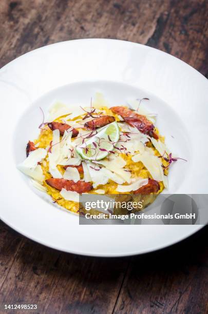 plate of saffron risotto with chorizo sausage and parmesan shavings - shaved parmesan cheese stock pictures, royalty-free photos & images