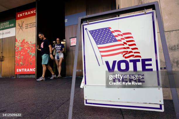 Voters leave their local polling station after voting in the Missouri Primary Election at the National WWI Museum and Memorial on August 02, 2022 in...