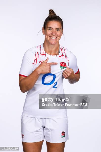 Sarah Hunter poses for a portrait during England Red Roses Squad Photocall at Village Hotel Bracknell on August 01, 2022 in Bracknell, England.