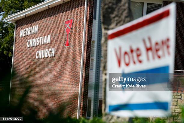 Voting signage is seen posted outside at Merriam Christian Church on August 02, 2022 in Merriam, Kansas. Voters in Kansas will decide on whether or...