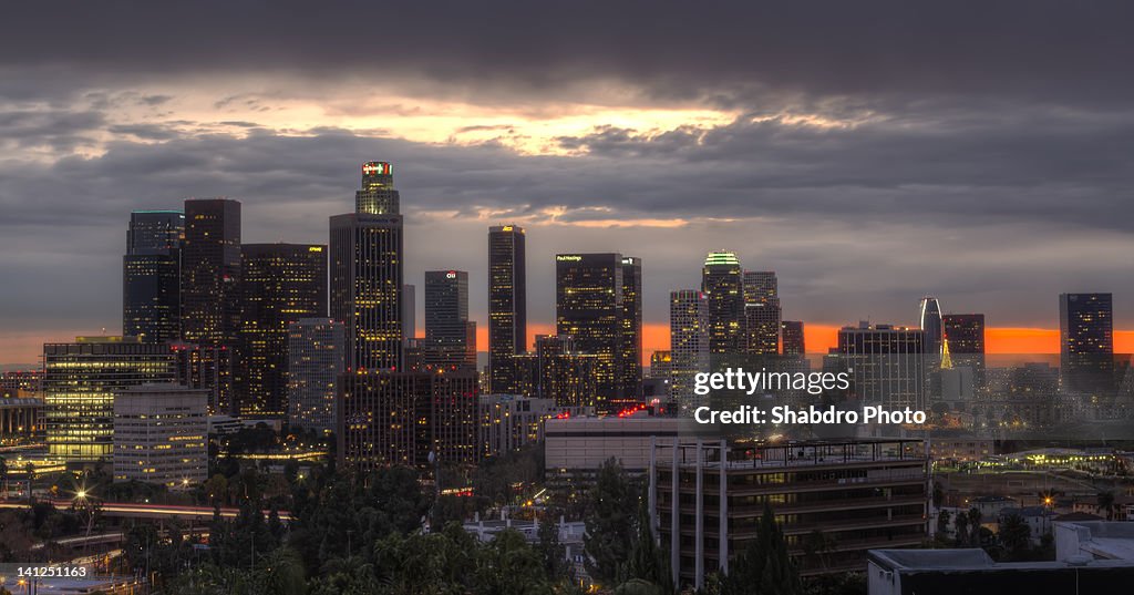 Skyline of Los Angeles at sunset