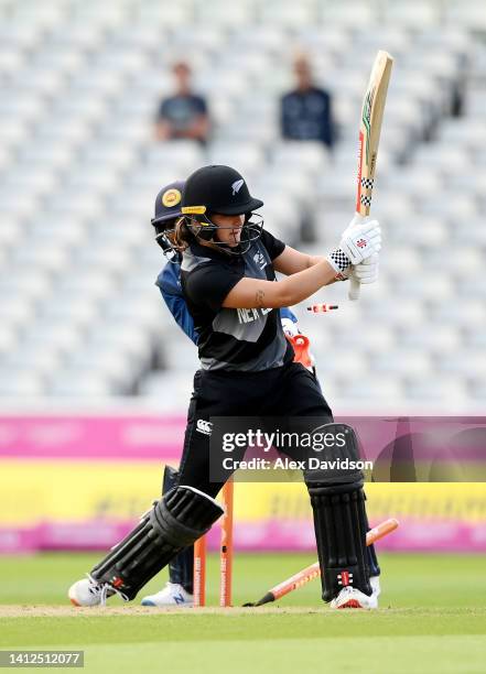 Amelia Kerr of Team New Zealand is bowled by Inoka Ranaweera of Team Sri Lanka during the Cricket T20 Group B match between Team New Zealand and Team...