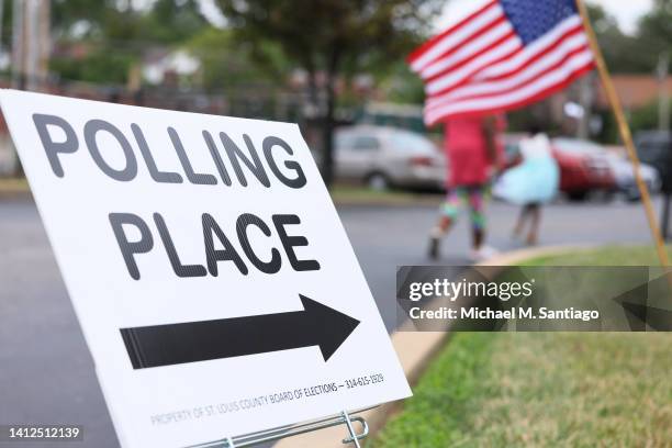 Polling Place" sign is seen during Primary Election Day at Barack Obama Elementary School on August 02, 2022 in St Louis, Missouri. Voters in...